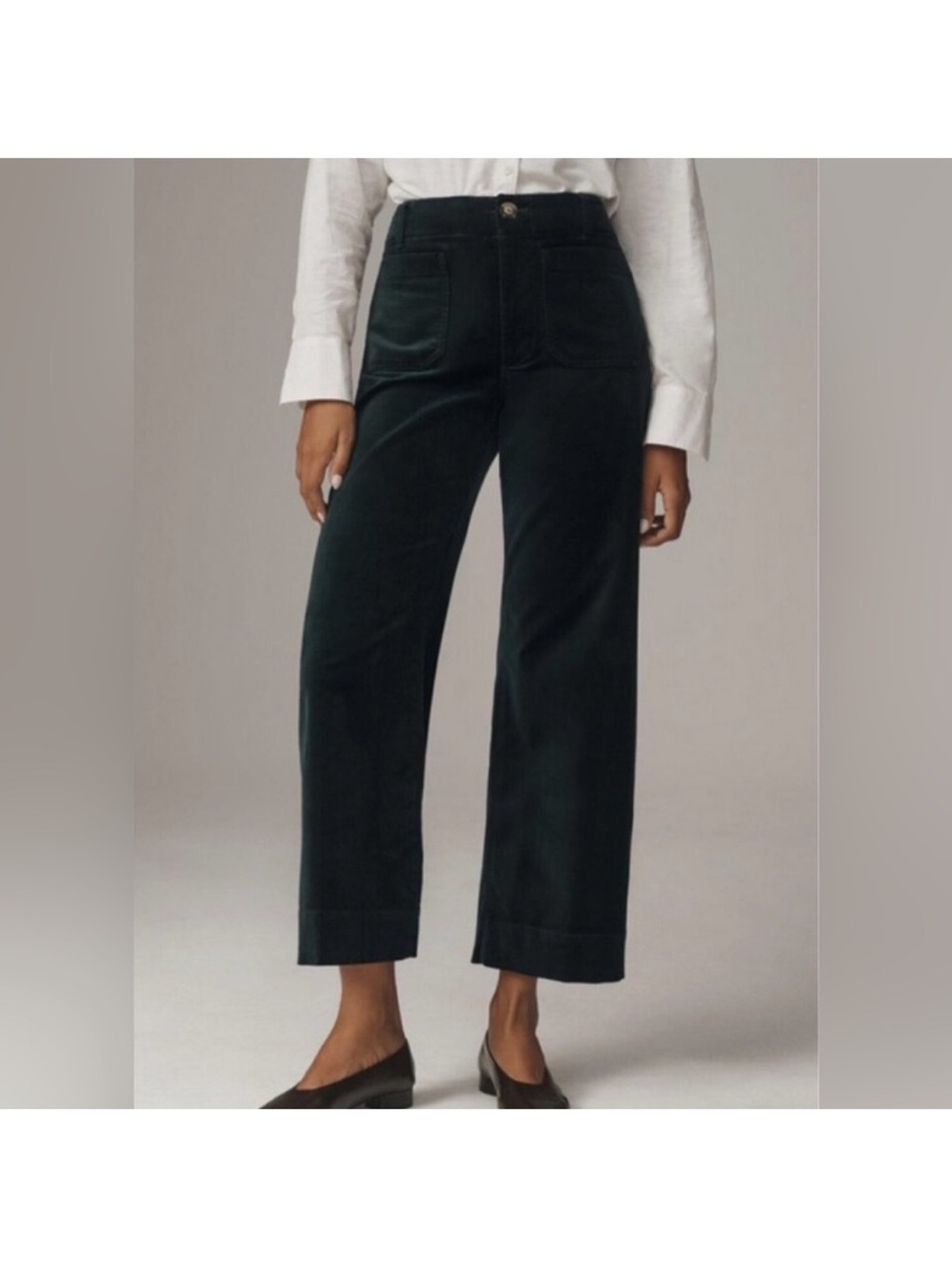 Maeve Colette Cropped Wide-Leg Velvet Trousers in Deep Green velvet